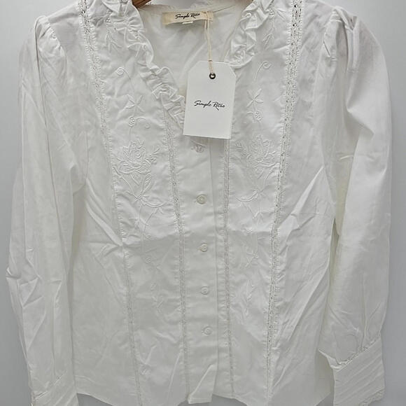 Simple Retro M Faith Lace Patchwork Embroidered Off White Cottagecore Blouse - Picture 3 of 13